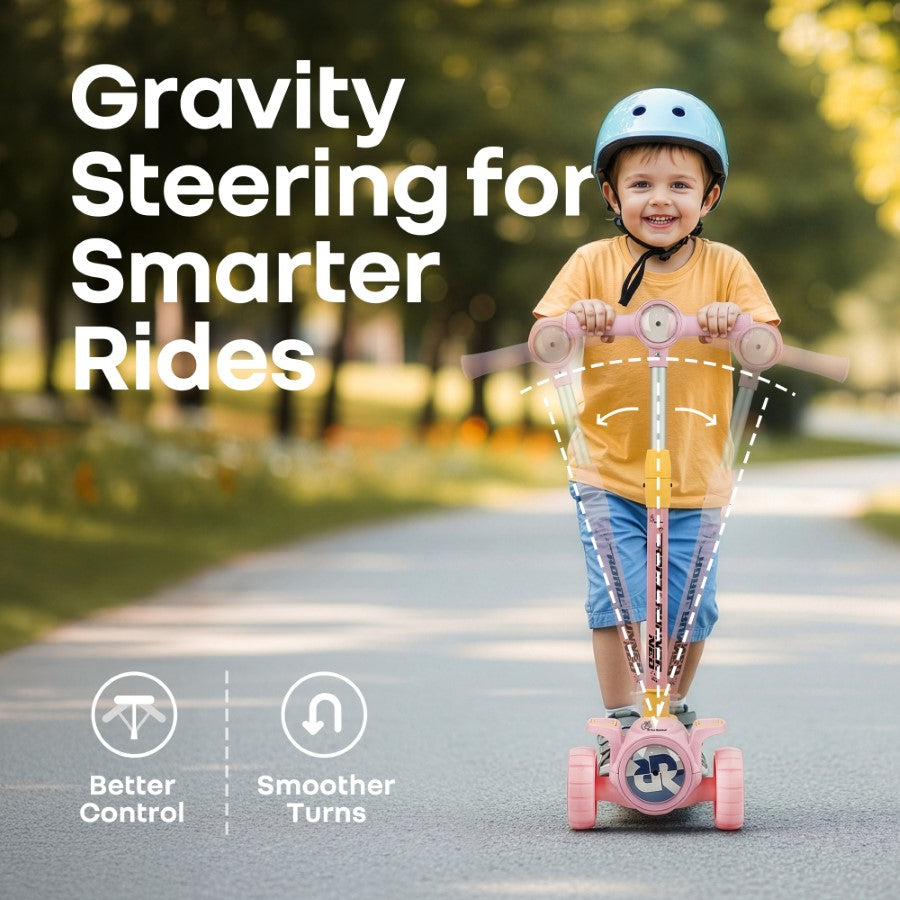 R for Rabbit Road Runner Neo Kids Scooter with LED PU Wheels, Music, Gravity Steering, 4-Level Height Adjustment Pink Yellow