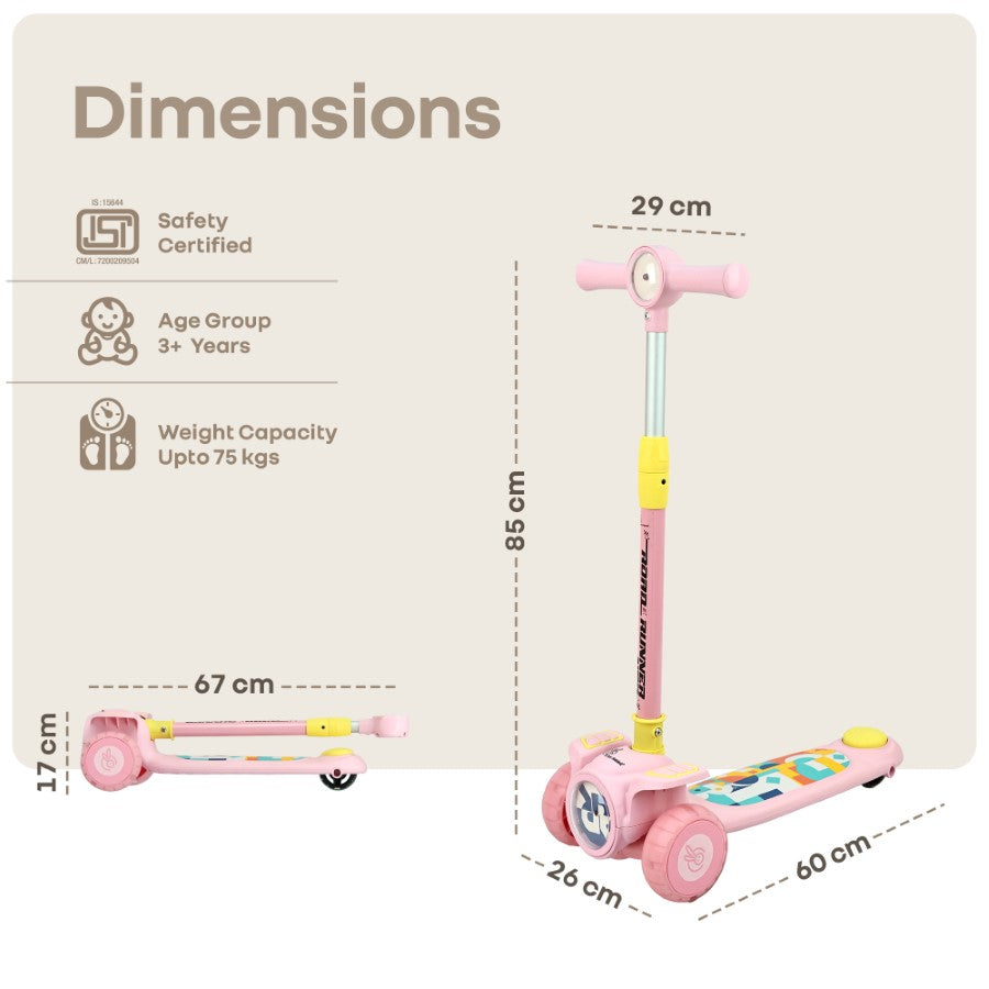R for Rabbit Road Runner Neo Kids Scooter with LED PU Wheels, Music, Gravity Steering, 4-Level Height Adjustment Pink Yellow