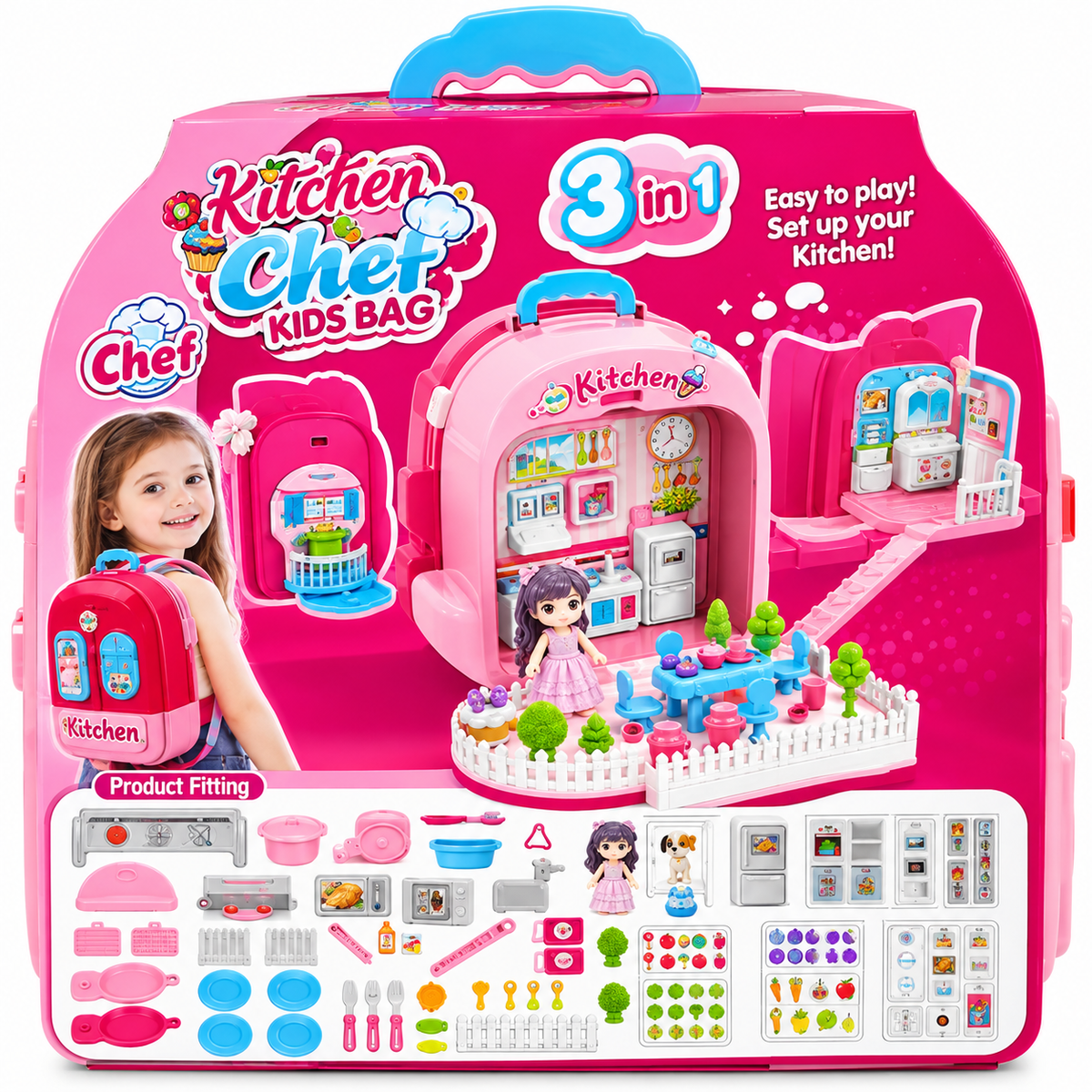 Xiong Cheng 3 in 1 Kitchen Chef Backpack Playset | Portable Pretend Cooking Toy | Ages 3+