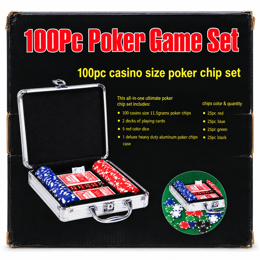 100 Pcs Poker Game Set with Aluminium Carry Case | Casino Size 11.5g Poker Chips, Playing Cards & Dice