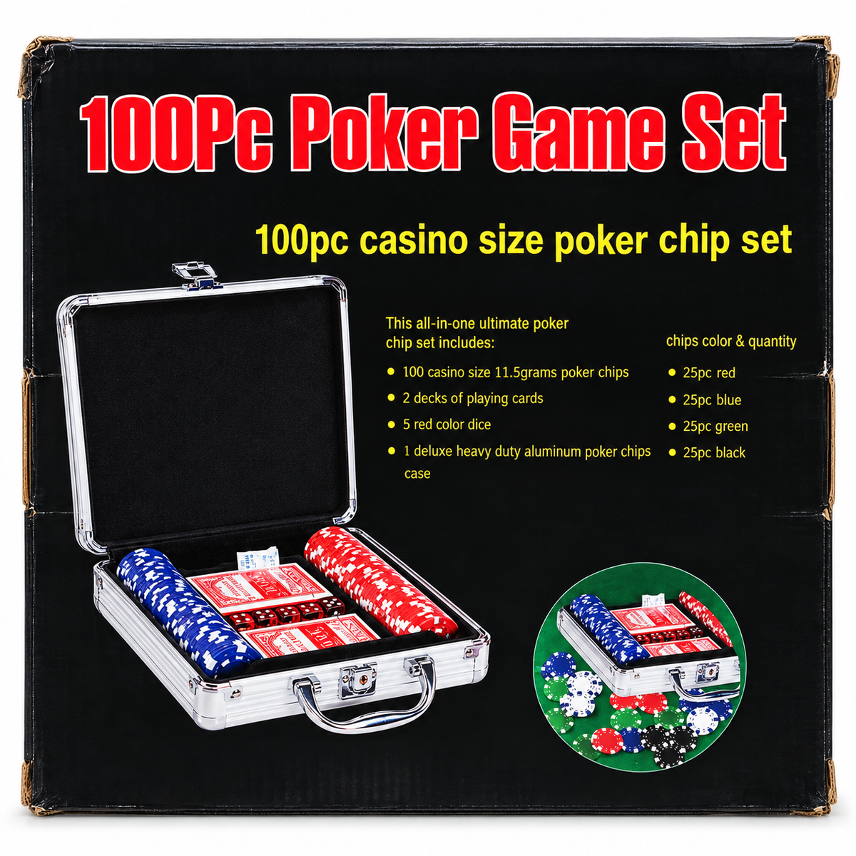 100 Pcs Poker Game Set with Aluminium Carry Case | Casino Size 11.5g Poker Chips, Playing Cards & Dice