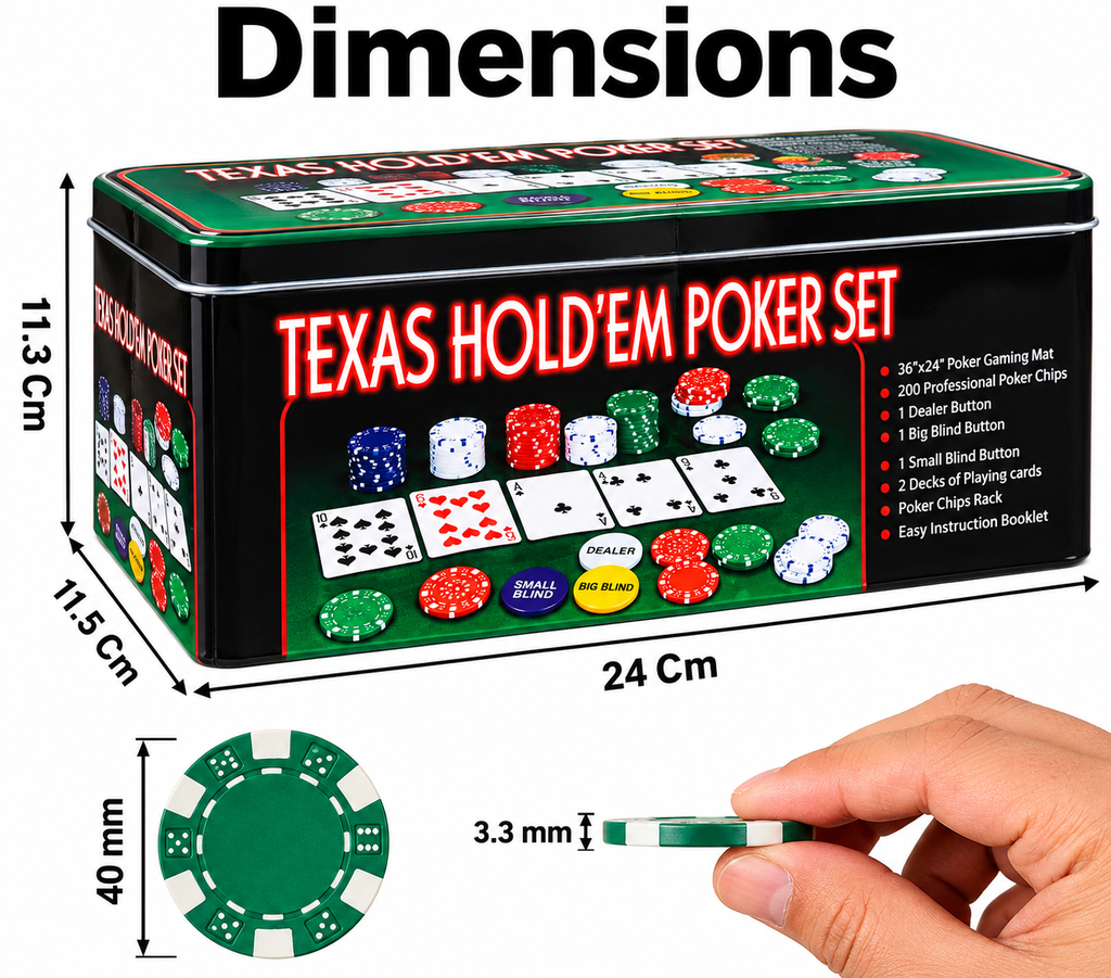 Texas Hold'em Poker Set with 200 Professional Poker Chips, 36" x 24" Gaming Mat, Playing Cards & Accessories