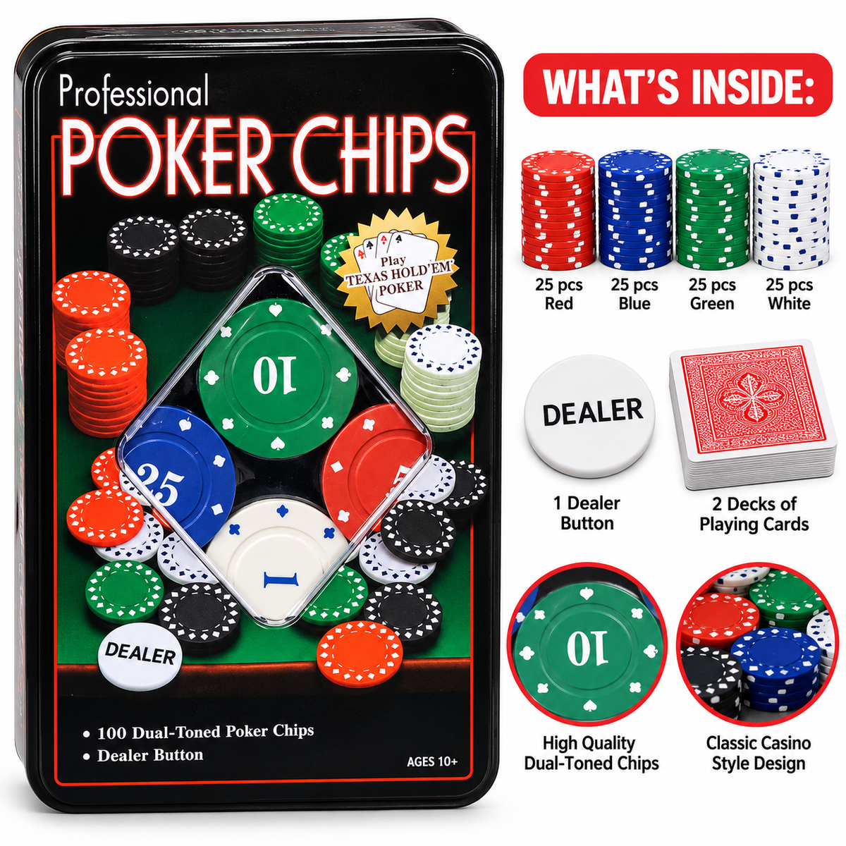 Professional Poker Chips Set with 100 Dual-Toned Chips & Dealer Button | Texas Hold'em Poker Game for Kids Ages 10+ & Adults