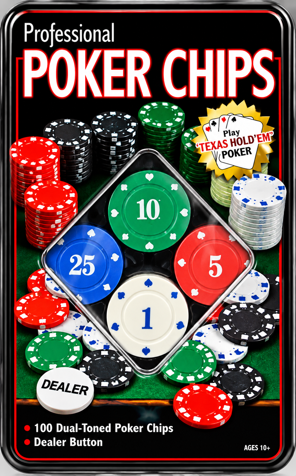 Professional Poker Chips Set with 100 Dual-Toned Chips & Dealer Button | Texas Hold'em Poker Game for Kids Ages 10+ & Adults