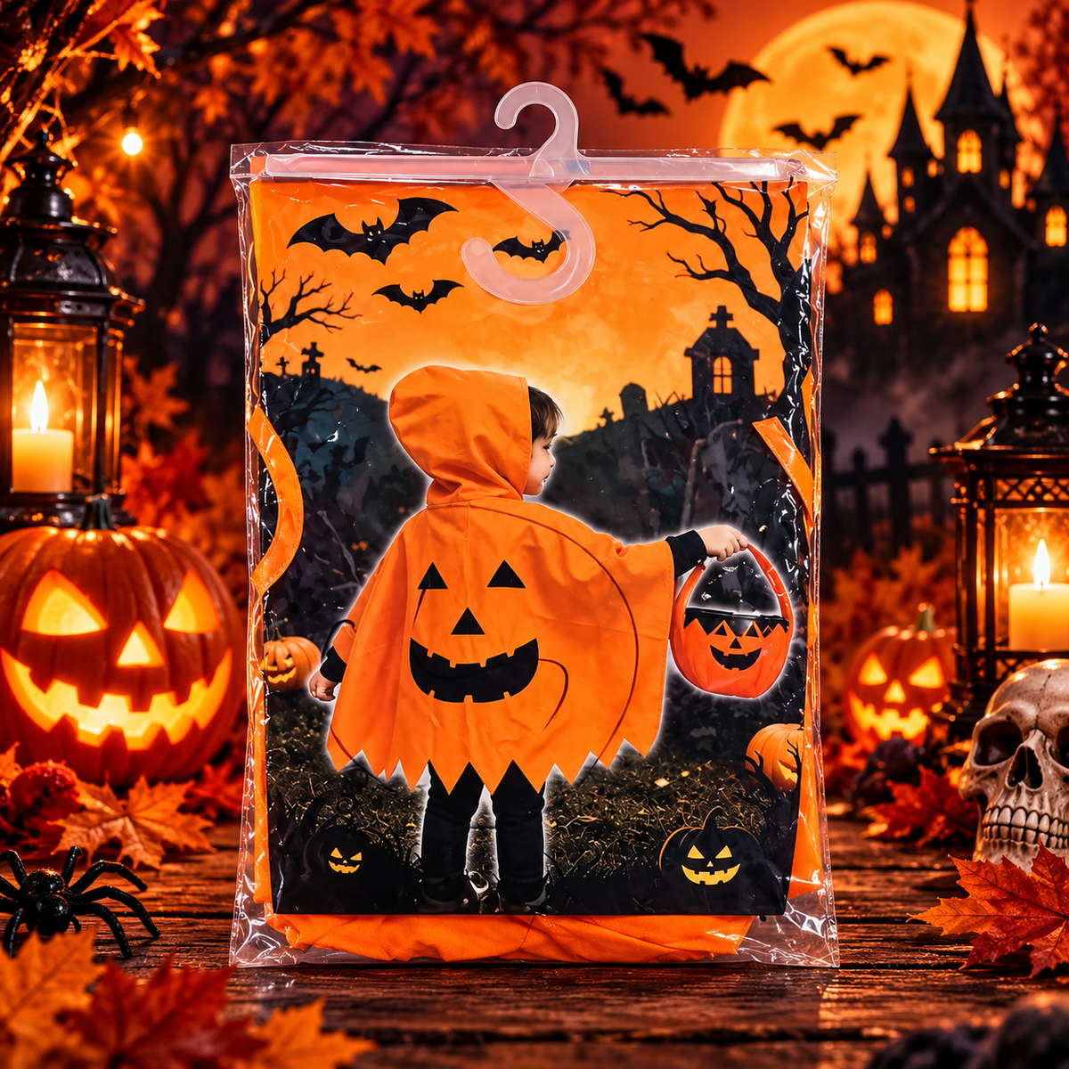 Halloween Pumpkin Costume for Kids | Orange Jack-O'-Lantern Hooded Cape for Fancy Dress