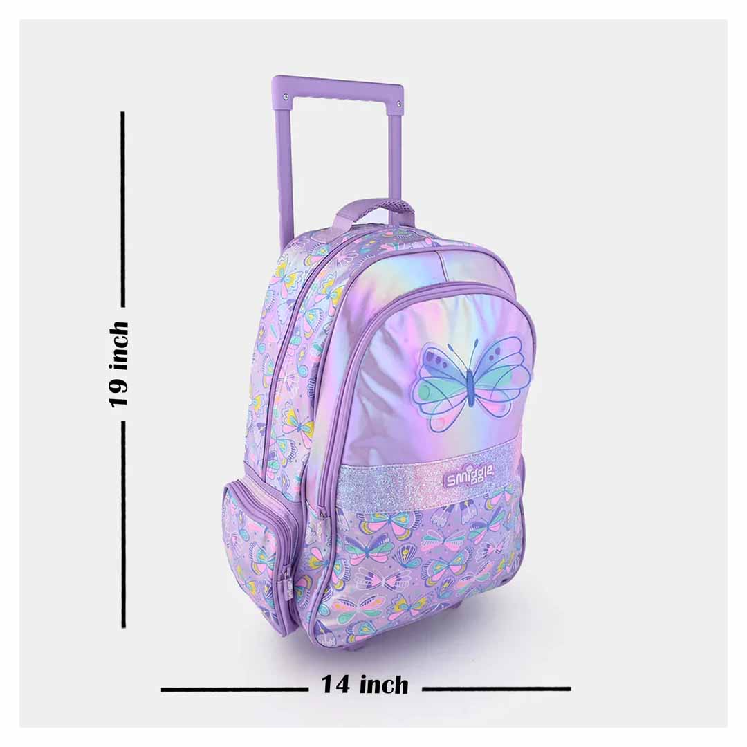 Smiggle Butterfly 18-Inch Light-Up Trolley Backpack for Kids – Colorful Wheeled School Bag with Extendable Handle