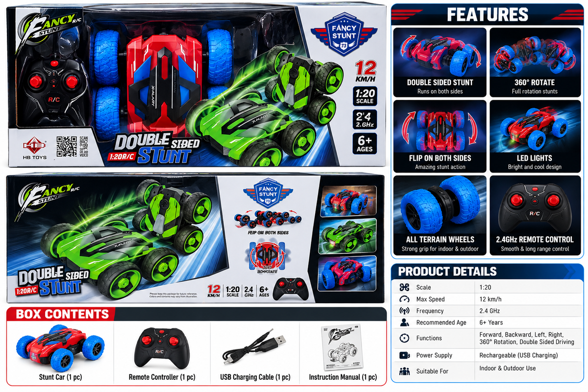 HB Toys Double Sided Stunt 1:20 RC Car – 2.4GHz Remote Control 360° Stunt Car