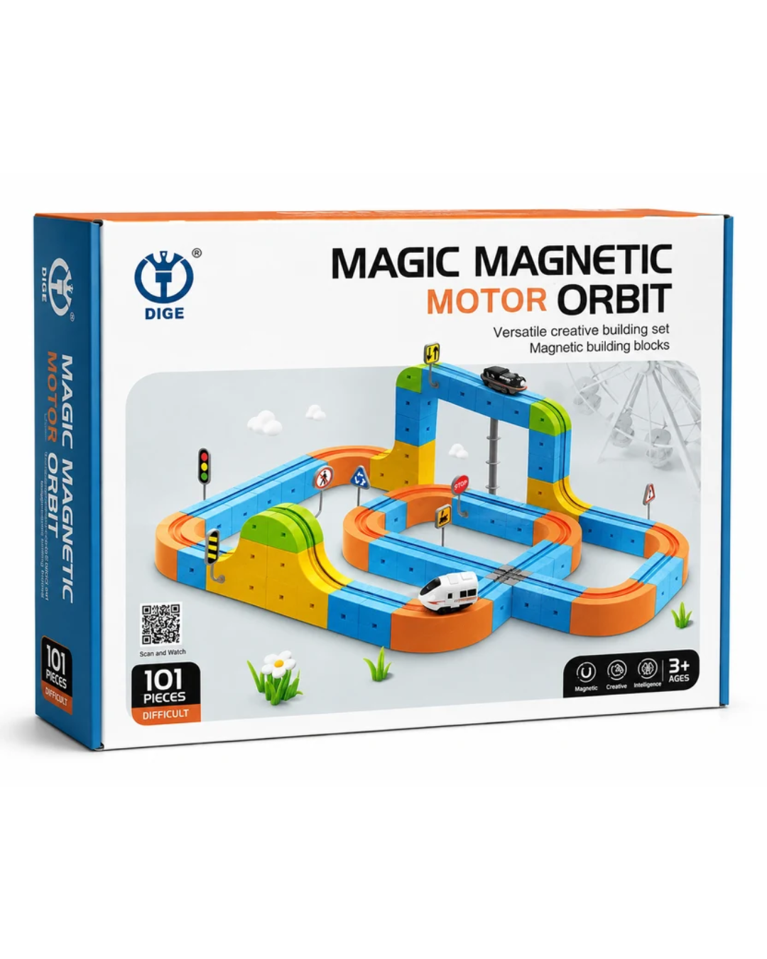 Magnetic Motor Orbit 101 Pieces Creative Magnetic Building Blocks Track and Train Set for Kids 3+ Years
