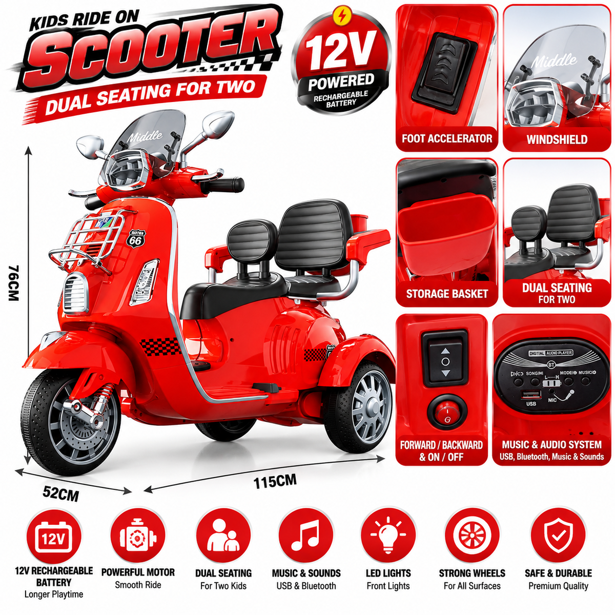 Kids 3-Wheel Electric Ride-On Scooter | Dual Seat Battery Operated Bike with Bluetooth, Music & Storage
