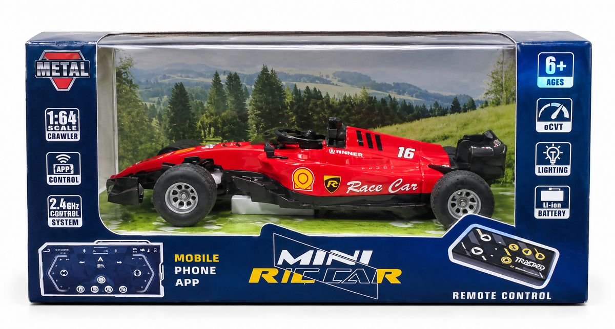 Mini RC Race Car 1:64 Scale – Red Remote Control Racing Car with App Control, LED Lights & 2.4GHz Control System, 6+ Years