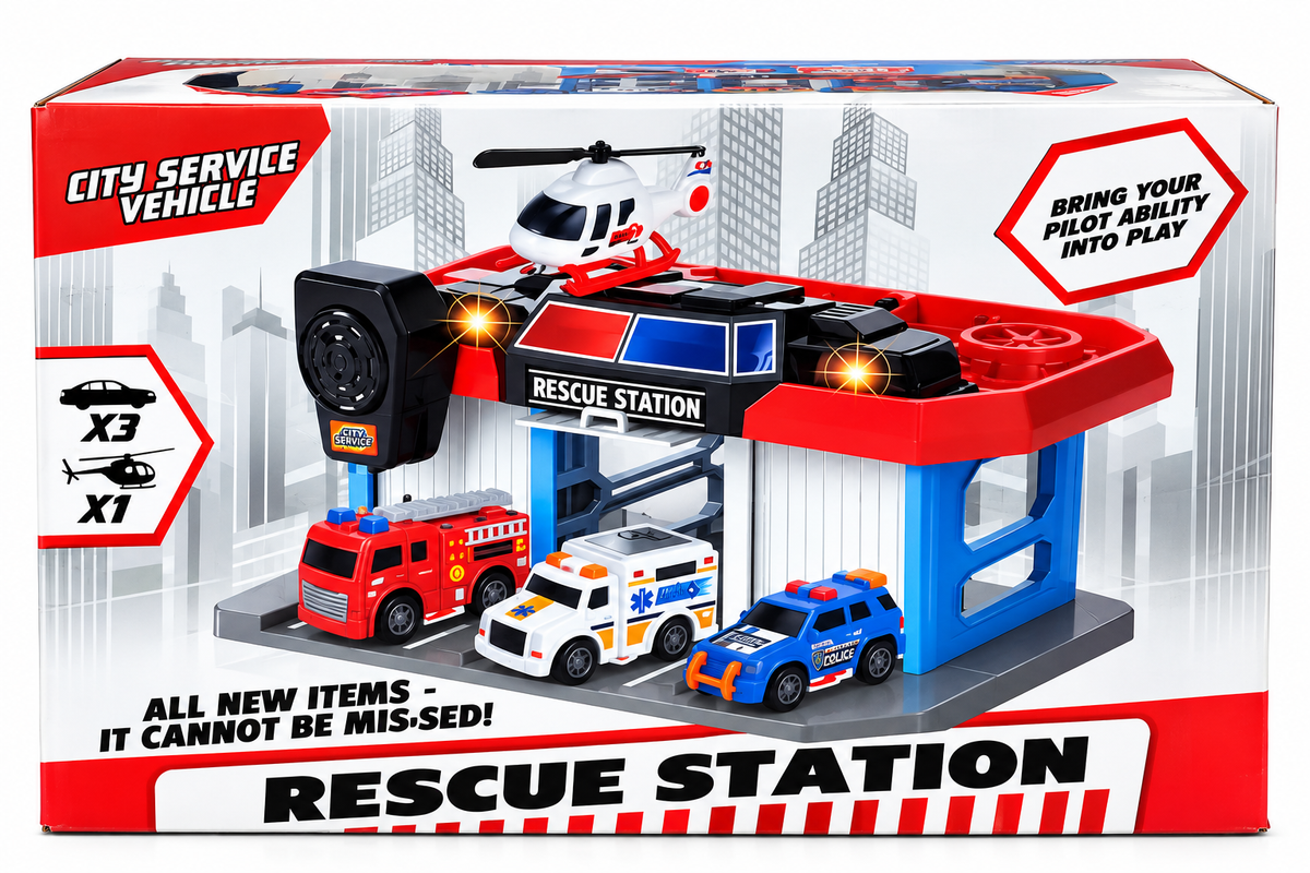 Product Title City Service Rescue Station Playset with Walkie-Talkie, Helicopter & 3 Cars | Lights & Sounds | 3+ Years