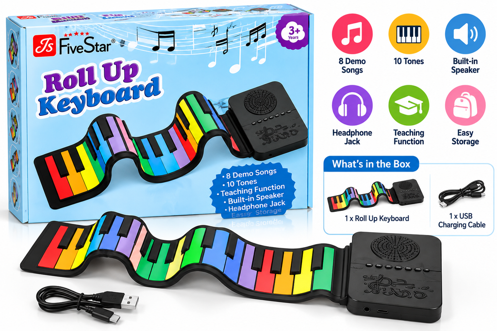 Roll Up Keyboard for Kids – Portable Flexible Piano with 8 Demo Songs, 10 Tones & Built-in Speaker, Ages 3+