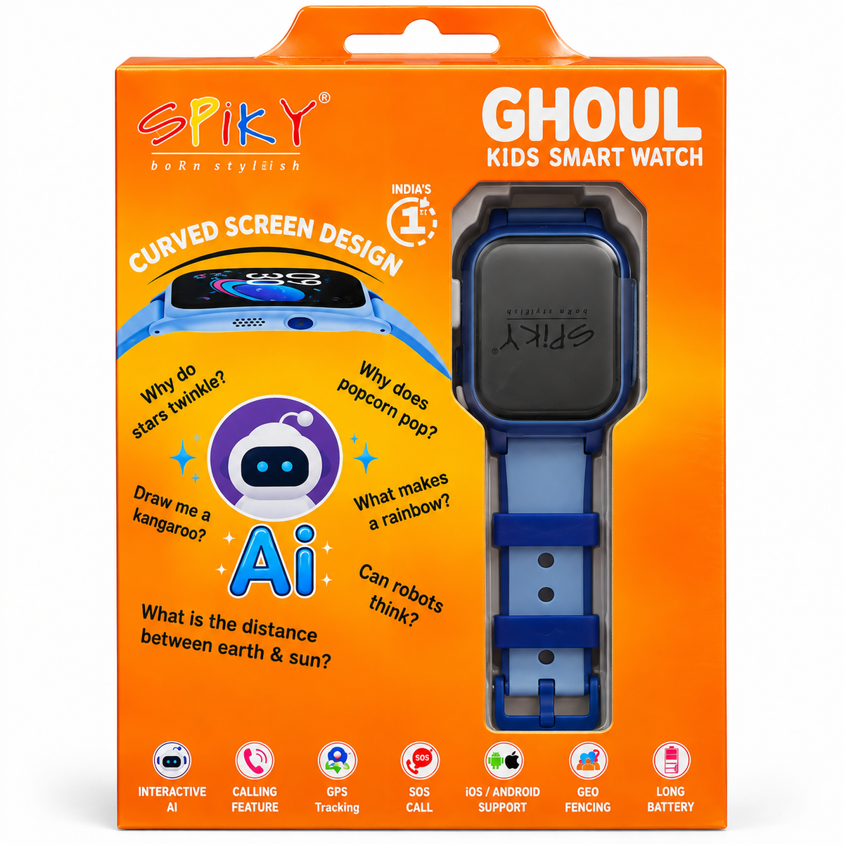 Spiky Ghoul Kids Smartwatch | AI, GPS Tracking & Video Calling Blue