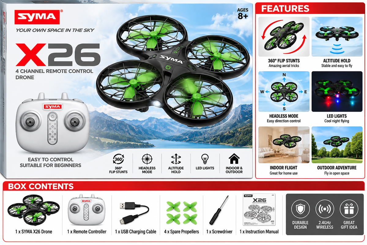 SYMA X26 Mini RC Quadcopter Drone with Protective Propeller Guards – 2.4GHz