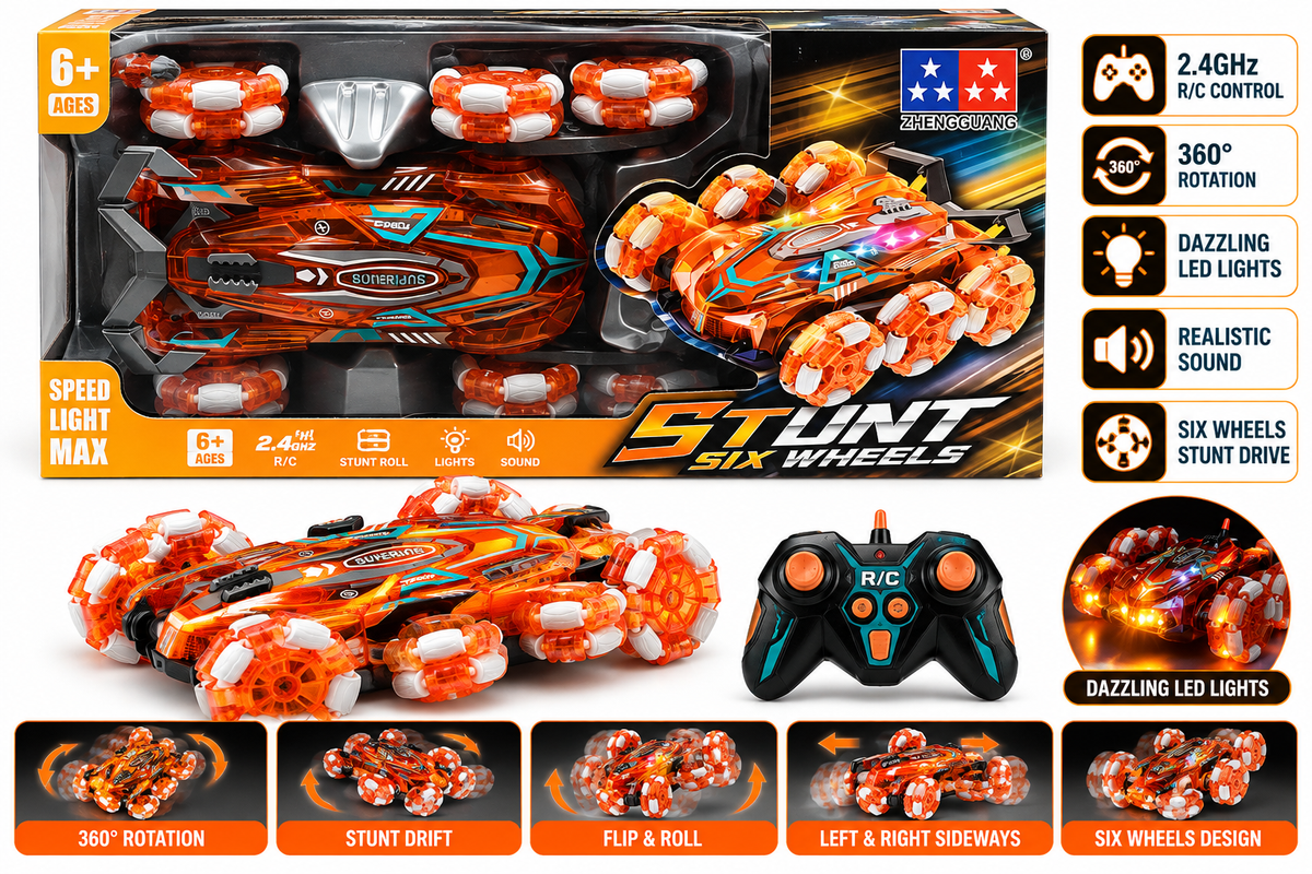 Zhengguang 6 Wheel RC Stunt Car | 2.4GHz Remote Control Toy with Lights | Ages 6+