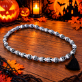 Halloween Skull Beaded Necklace | Black & White Skeleton Skull Mala with Tassel | Halloween Costume Accessory
