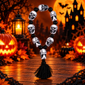 Halloween Skull Beaded Bracelet | Black & White Skeleton Skull Bracelet with Tassel