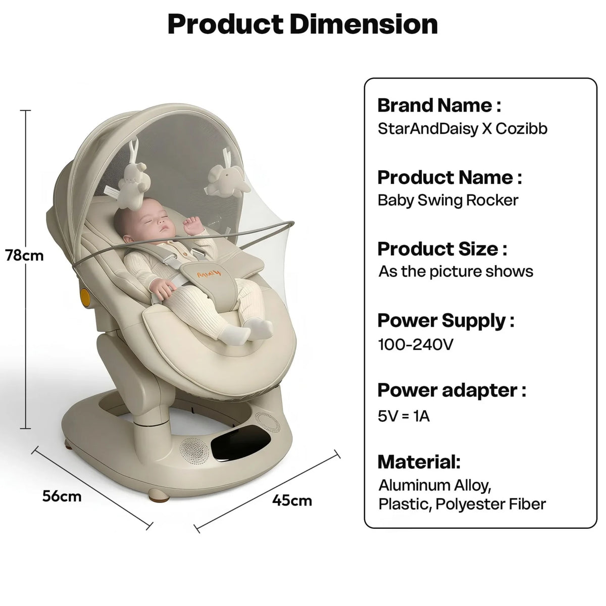StarAndDaisy Smart Baby Rocker & Swing with Canopy for Babies 0–12 Months – White