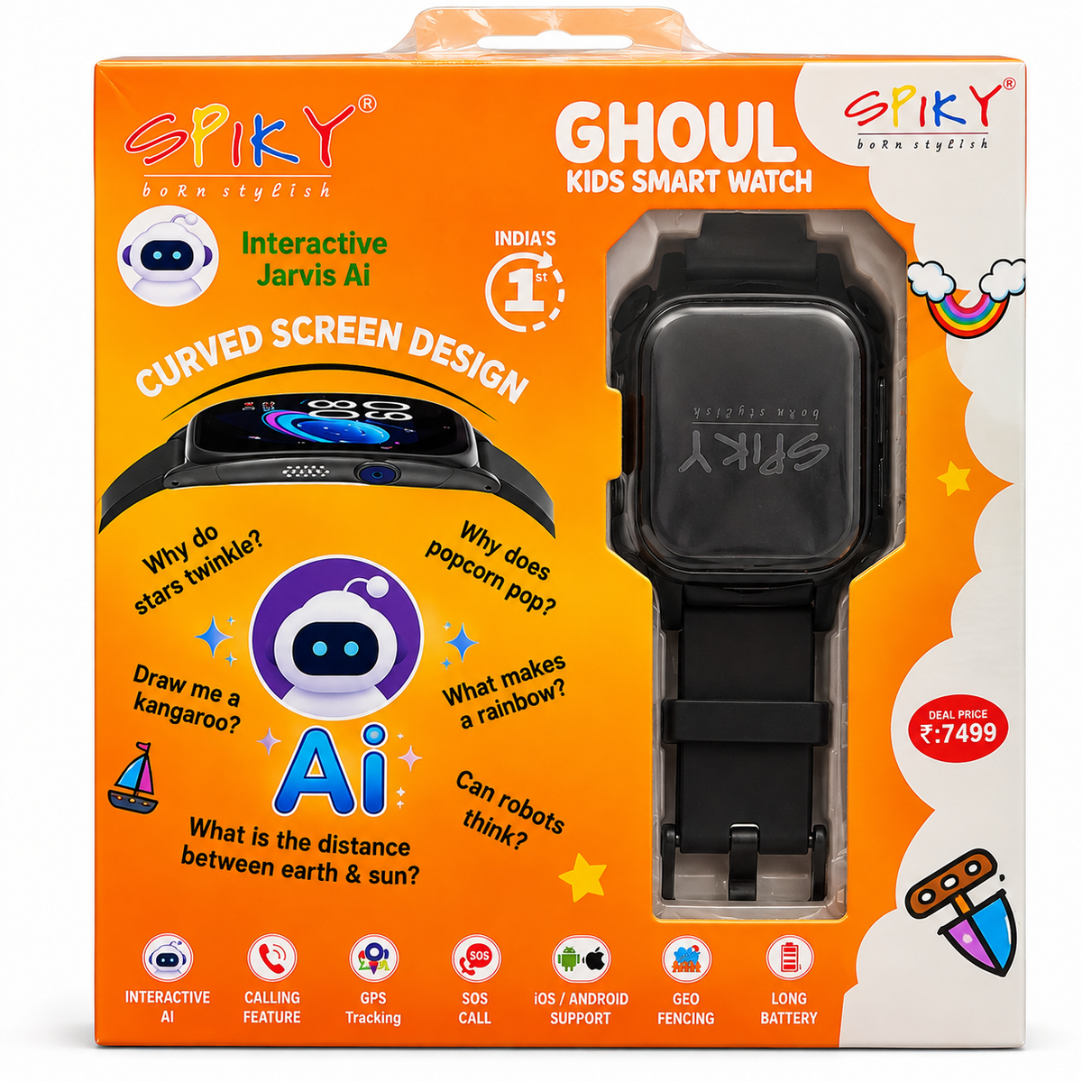 Spiky Ghoul Kids Smartwatch | AI, GPS Tracking & Video Calling Black