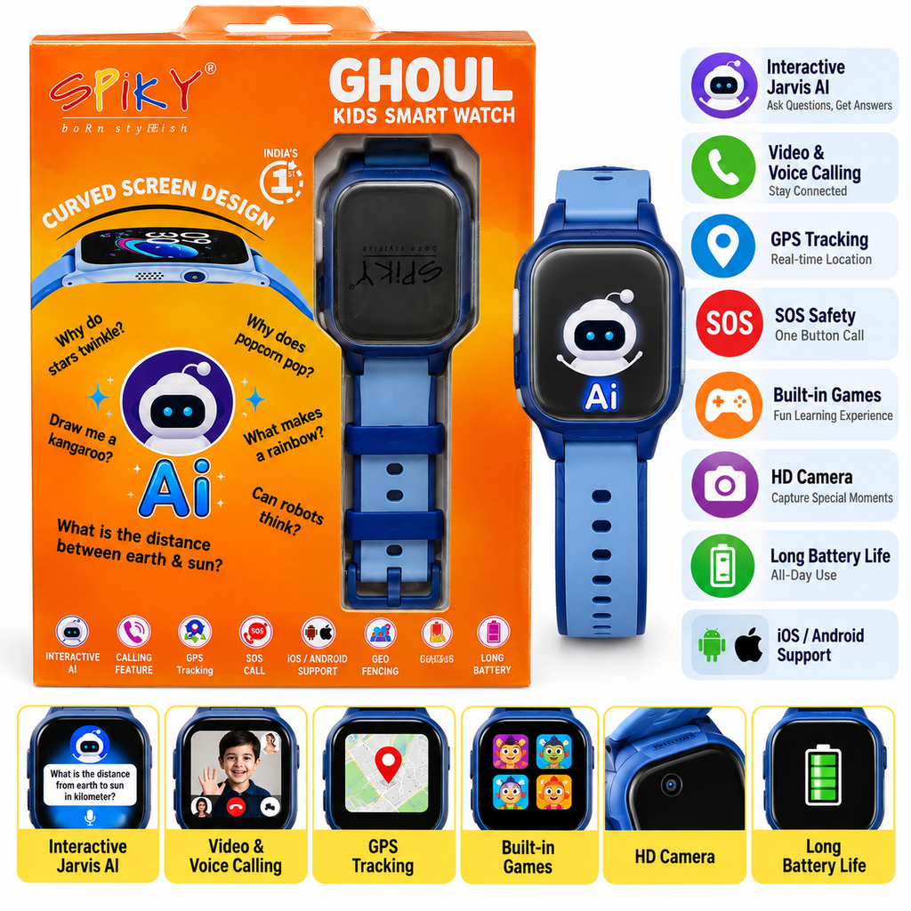 Spiky Ghoul Kids Smartwatch | AI, GPS Tracking & Video Calling Blue