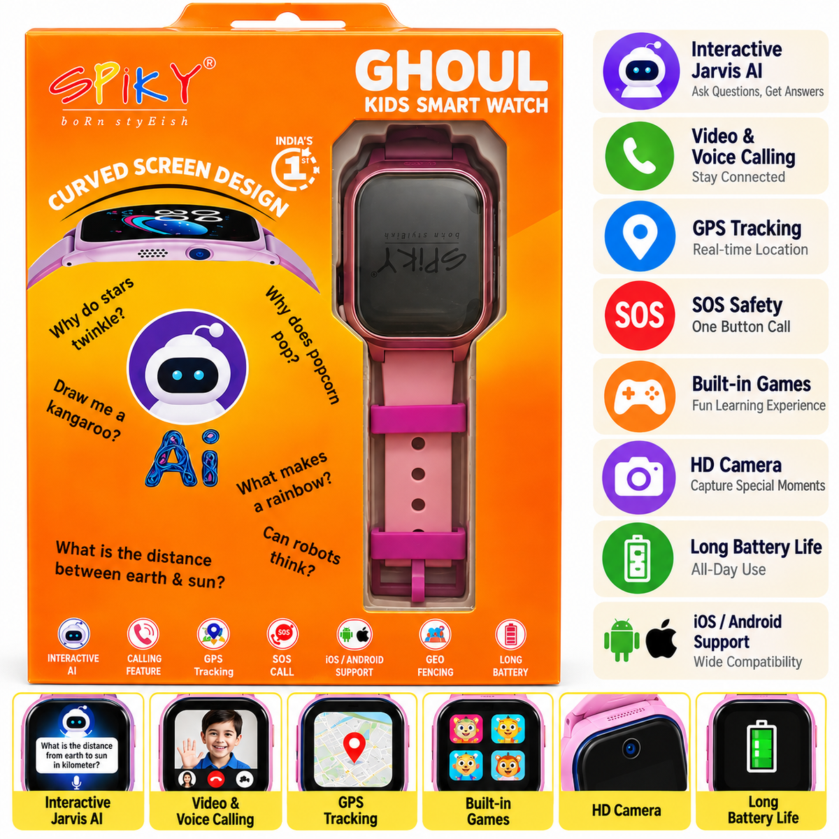 Spiky Ghoul Kids Smartwatch | AI, GPS Tracking & Video Calling Pink