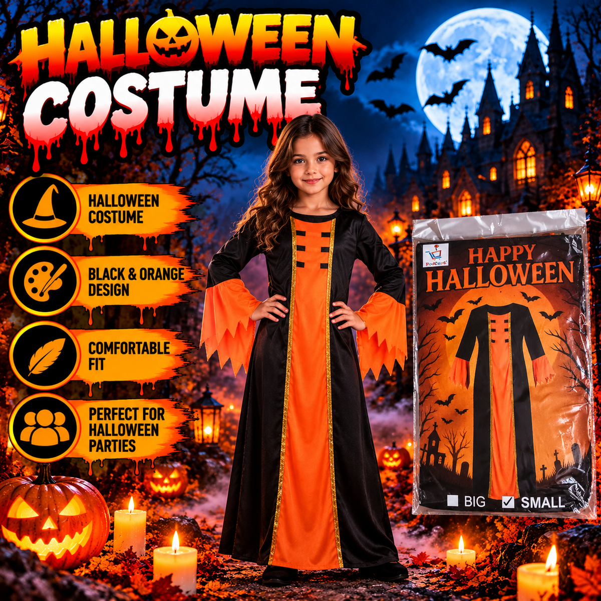 Kids Halloween Vampire Costume – Black & Orange Dress Costume