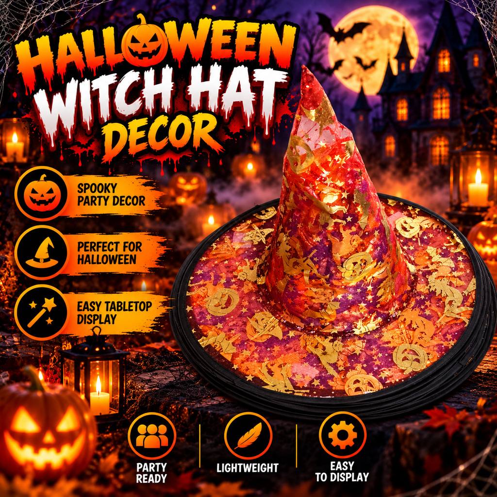 Halloween Witch Hat with Gold Pumpkin & Star Print