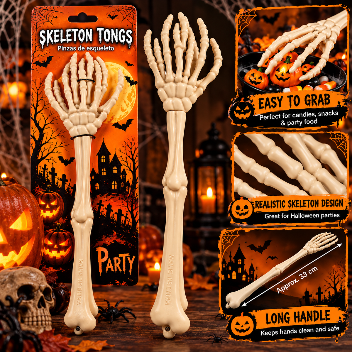 Halloween Skeleton Hand Tongs | Spooky Bone Hand Grabber & Party Prop