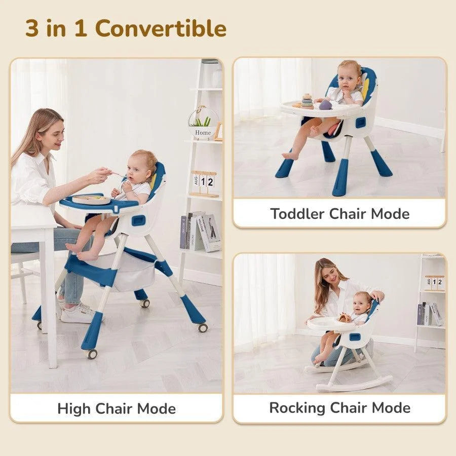 R for Rabbit Sugar Doodle Plus 3-in-1 Convertible Baby High Chair with 5-Point Harness, Dual Tray & Removable Wheels – 6 Months to 5 Years, Indigo Dye