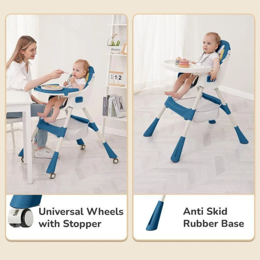 R for Rabbit Sugar Doodle Plus 3-in-1 Convertible Baby High Chair with 5-Point Harness, Dual Tray & Removable Wheels – 6 Months to 5 Years, Indigo Dye