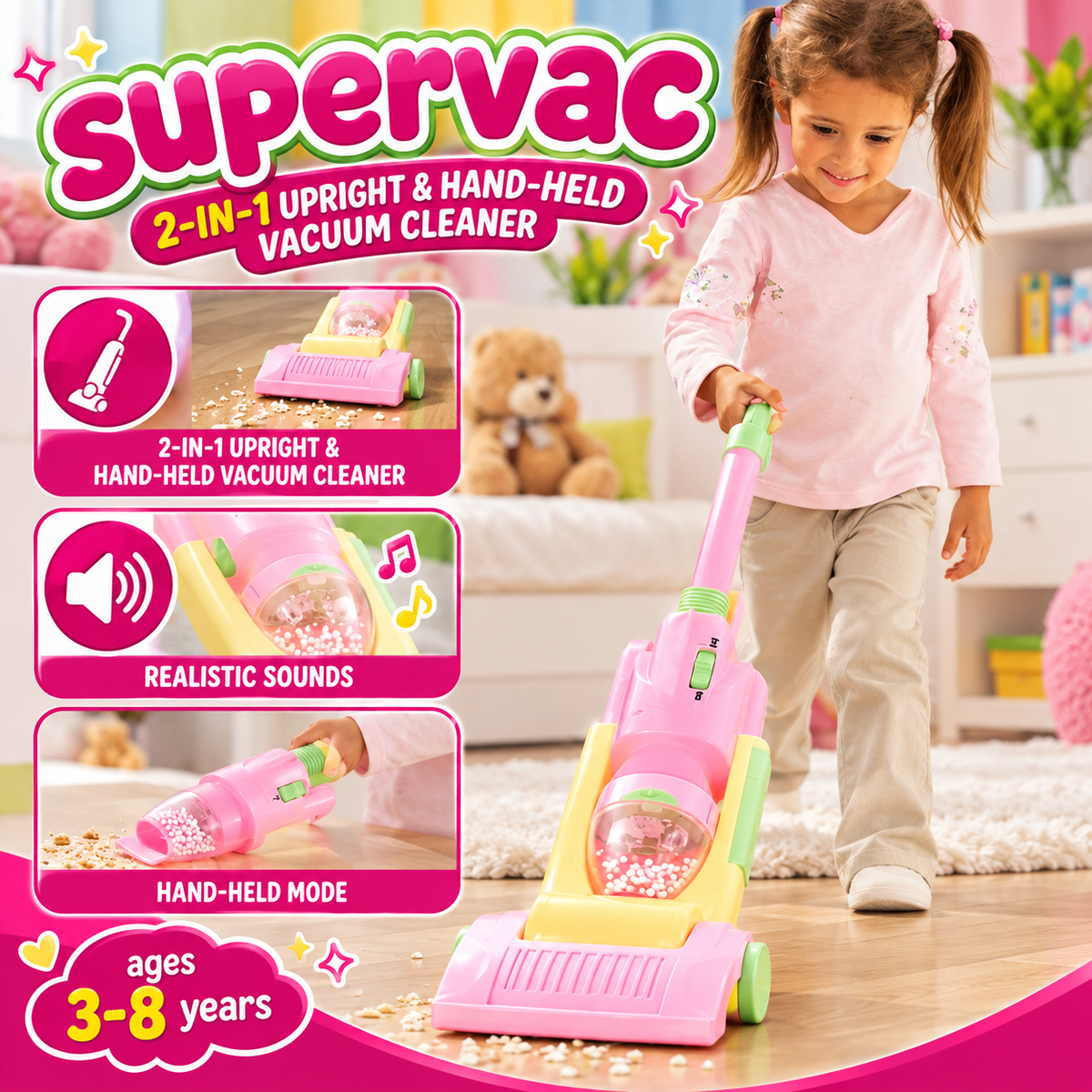 Supervac 2-in-1 Toy Vacuum Cleaner for Kids 3–8 Years – Pink