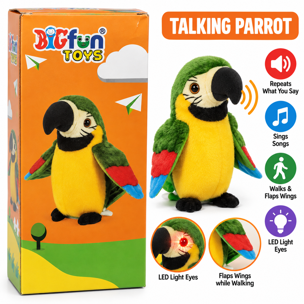 Bigfun Toys Talking Parrot Toy | Interactive Talking & Voice Repeating Parrot Soft Toy for Kids