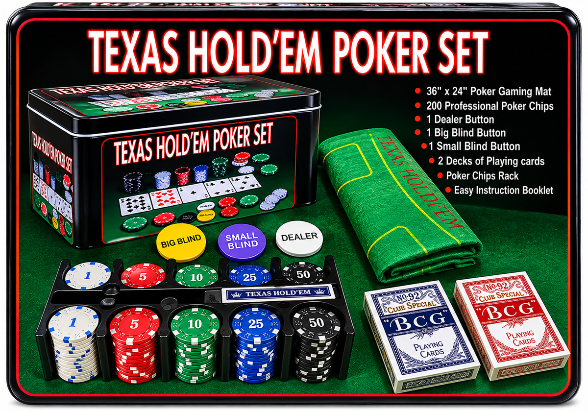 Texas Hold'em Poker Set with 200 Professional Poker Chips, 36" x 24" Gaming Mat, Playing Cards & Accessories