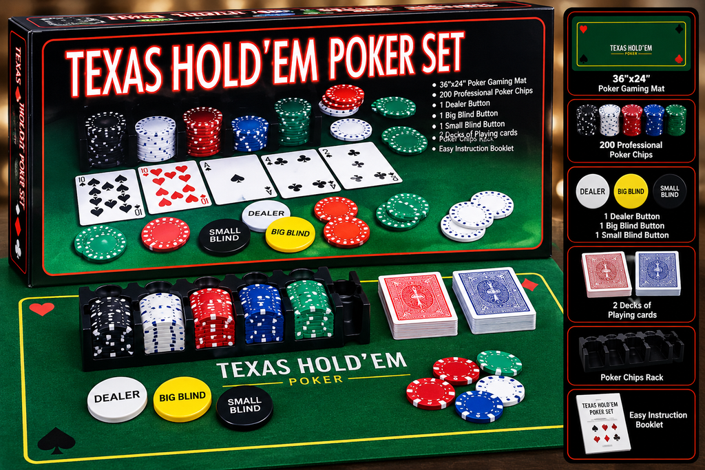 Texas Hold'em Poker Set with 200 Professional Poker Chips, 36" x 24" Gaming Mat, Playing Cards & Accessories