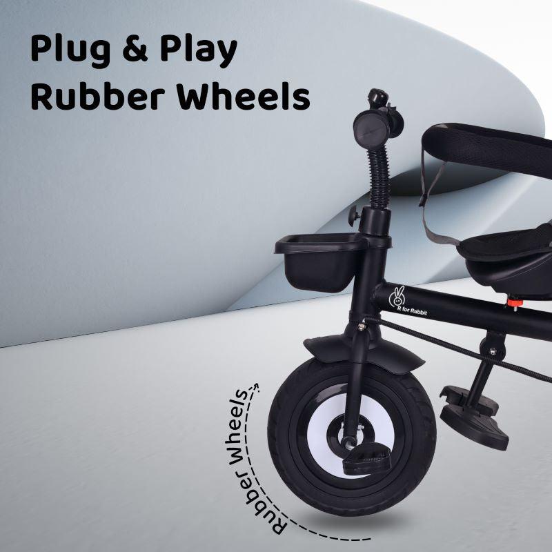 R For Rabbit Tiny Toes T40 Plus Tricycle - Rubber Wheels, 360 Rotatable Seat, Adjustable Canopy, Parental Control  Grey Black