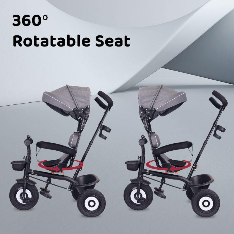 R For Rabbit Tiny Toes T40 Plus Tricycle - Rubber Wheels, 360 Rotatable Seat, Adjustable Canopy, Parental Control  Grey Black
