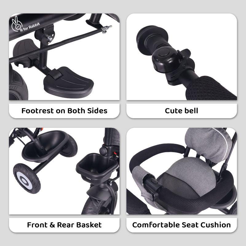 R For Rabbit Tiny Toes T40 Plus Tricycle - Rubber Wheels, 360 Rotatable Seat, Adjustable Canopy, Parental Control  Grey Black