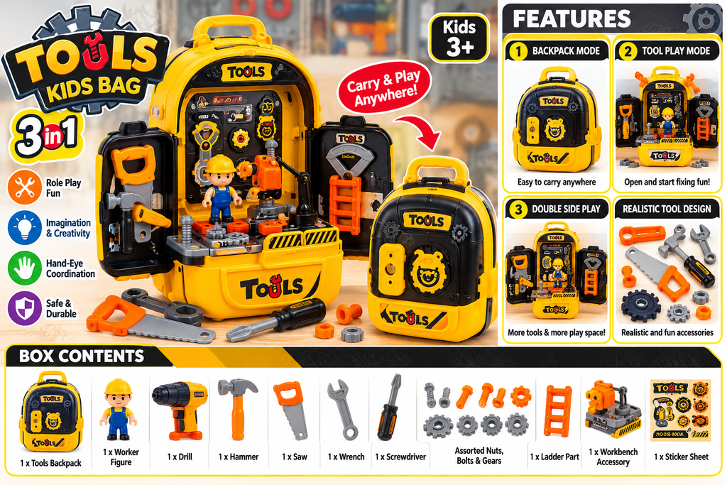 3-in-1 Tools Kids Backpack Pretend Play Set – Portable Tool Kit | Ages 3+
