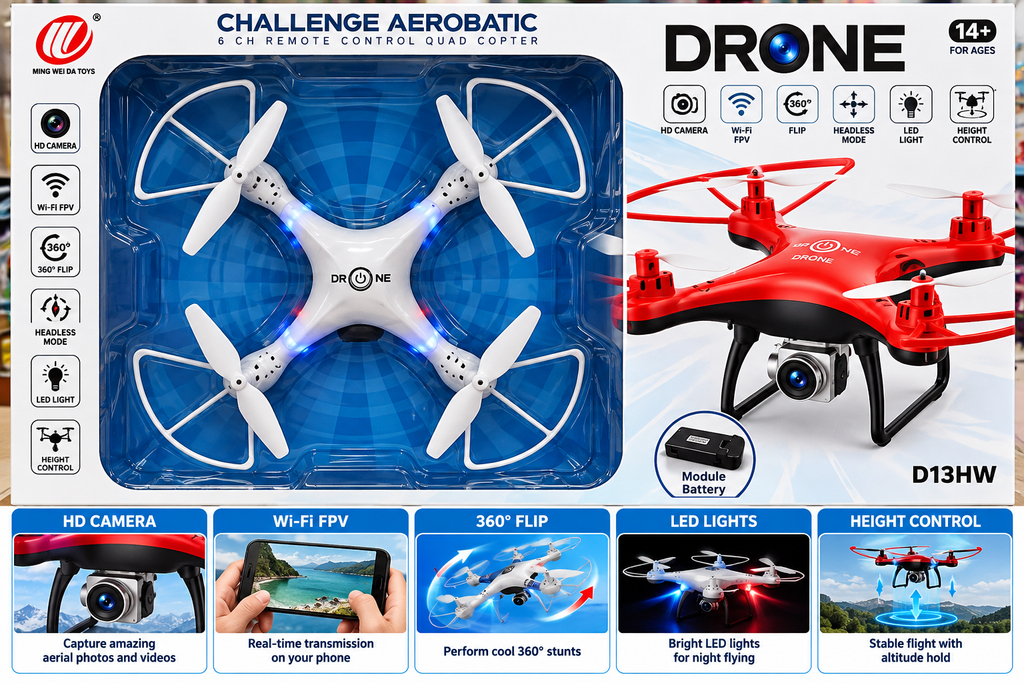 Ming Wei Da Challenge Aerobatic Drone D13HW | 6-Channel Remote Control Quadcopter with Camera, WiFi FPV & 360° Flip | 14+ Years