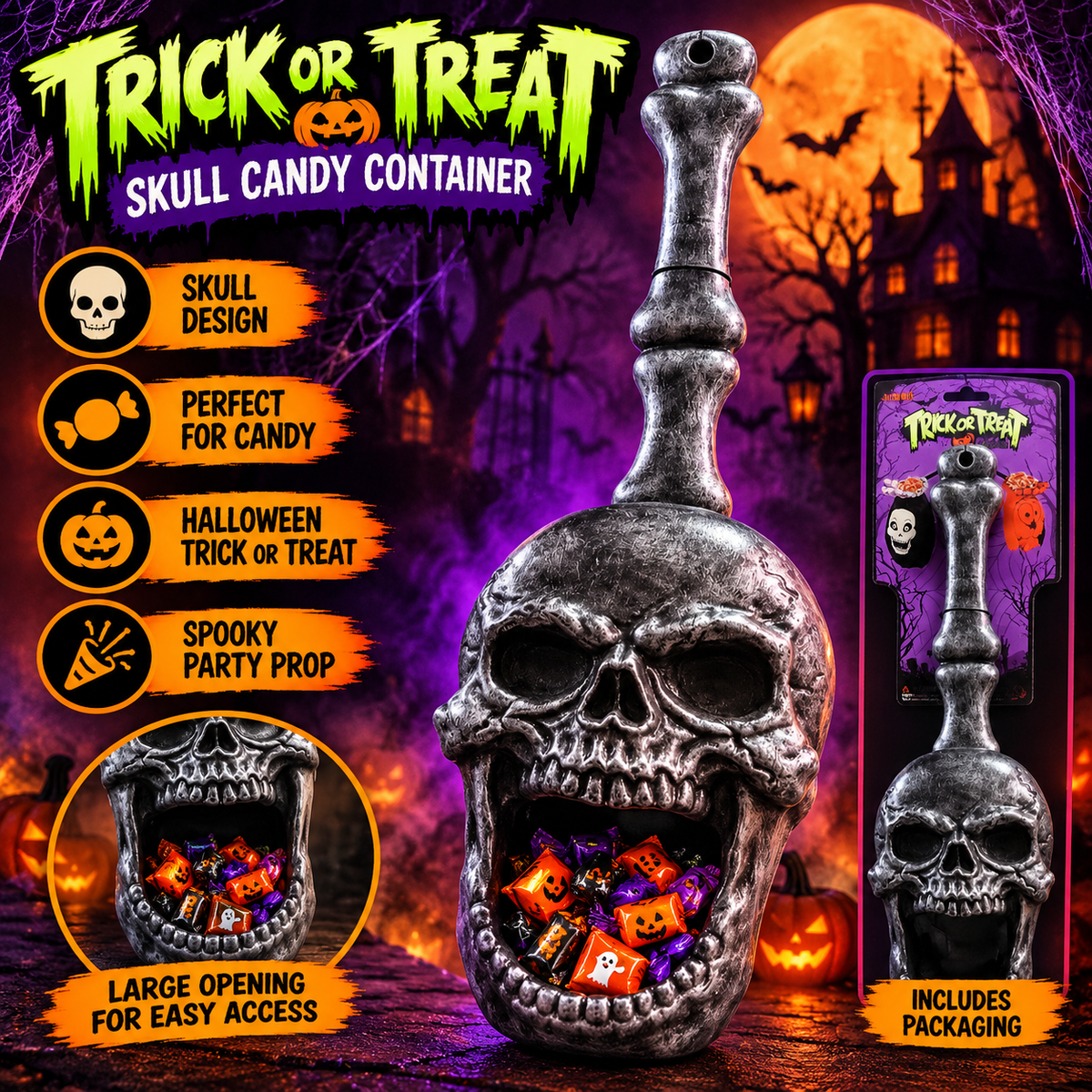 Halloween Skull Walking Stick Toy – Skeleton Head Costume Prop for Kids