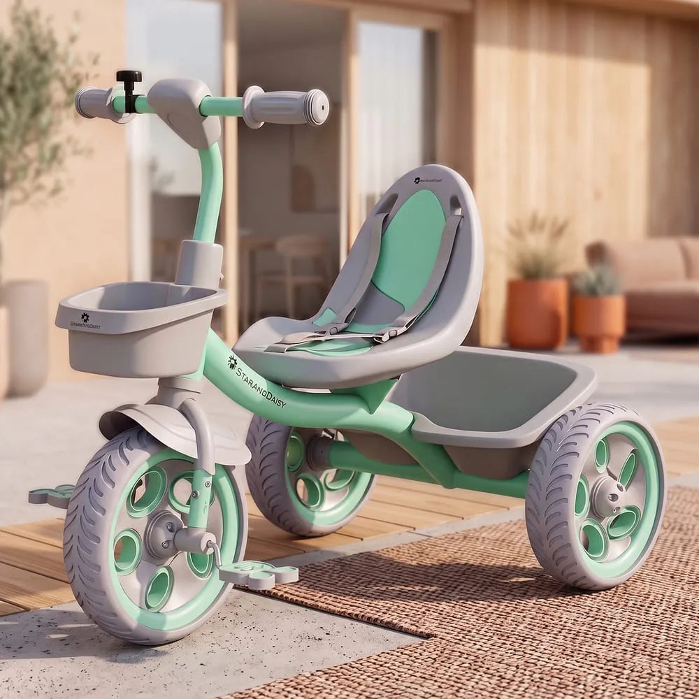 StarAndDaisy Kids Tricycle with Dual Storage Baskets & Safety Belt – 2–5 Years, Green