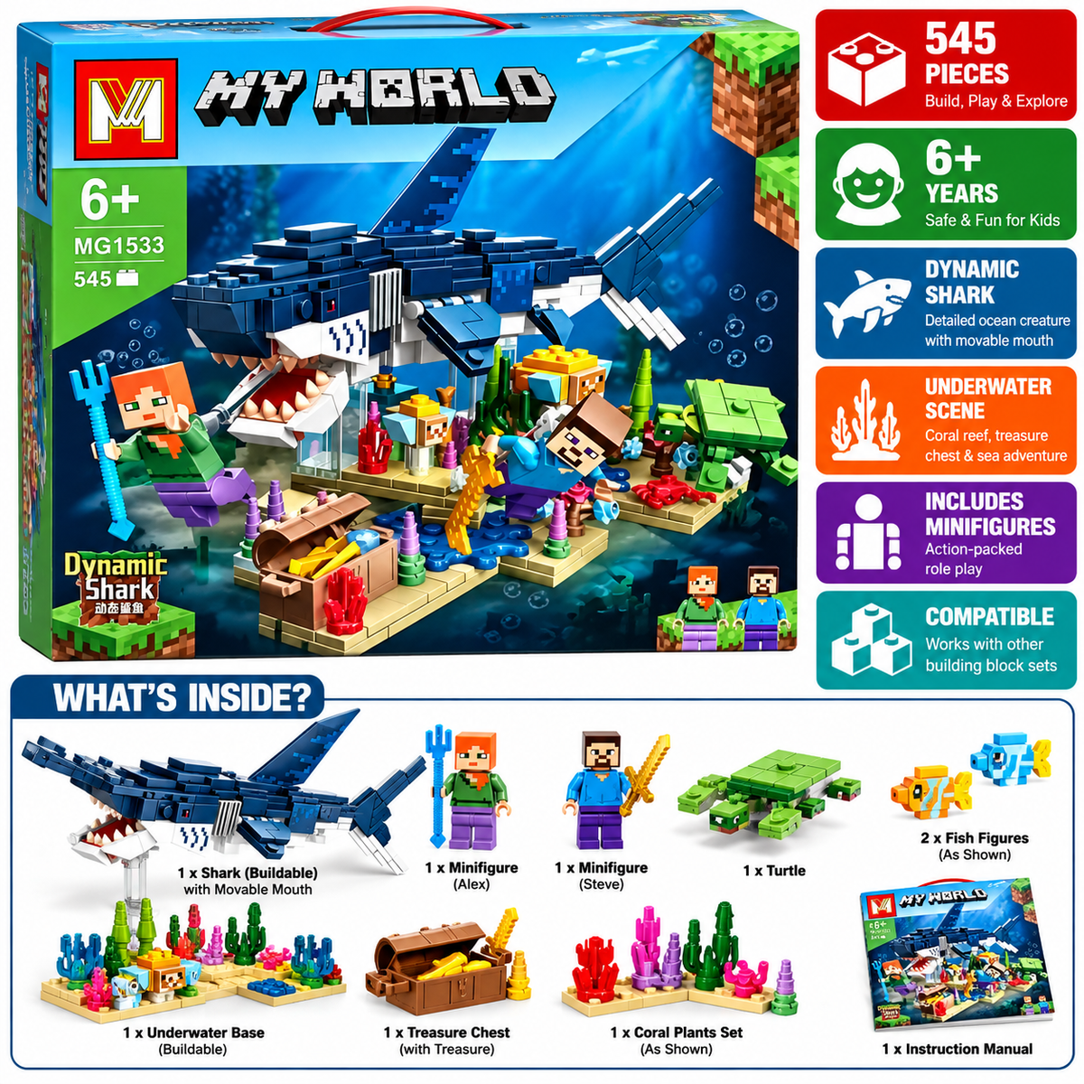 My World Dynamic Shark Building Blocks Set – 545 PCS | MG1533 | Ages 6+
