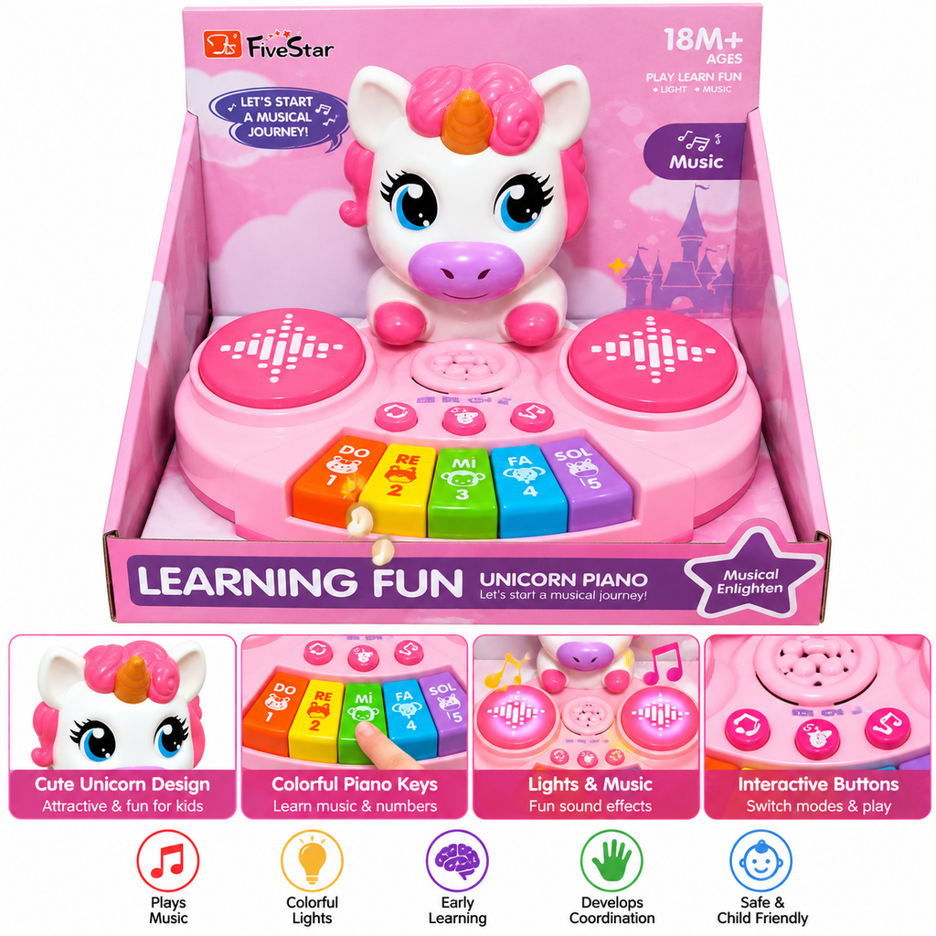 Five Star Learning Fun Unicorn Piano Musical Toy | Interactive Pink Unicorn Keyboard with Drum Pads, Music & Colourful Piano Keys for Kids Ages 18 Months+