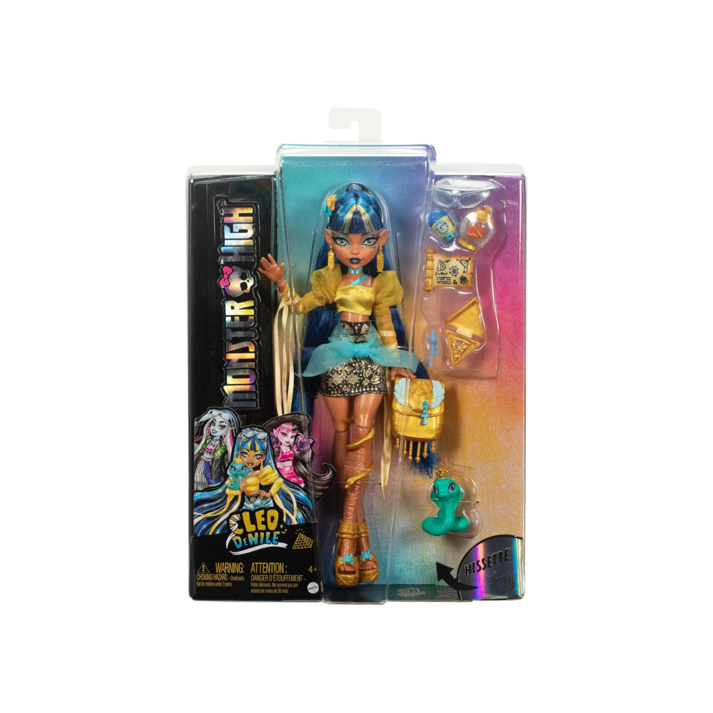 Mattel Monster High Cleo De Nile Doll in Golden Blouse and Layered Skirt, includes Pet Cobra Hissette and Accessories like a Backpack, Snack and Scroll