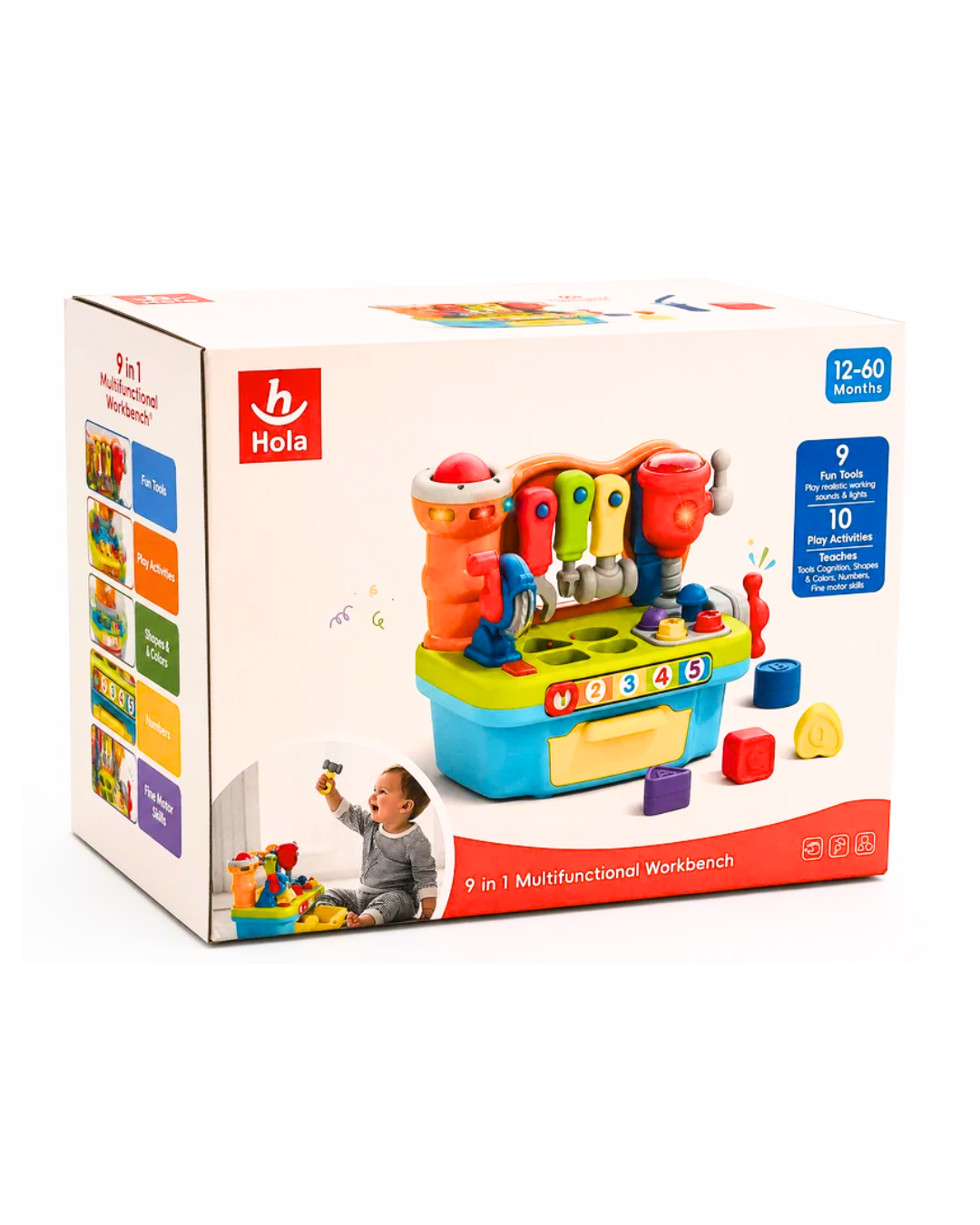 Hola 9 in 1 Multifunctional Workbench Toy for Kids DIY Tool Set with Lights & Sounds Educational Shape Sorter