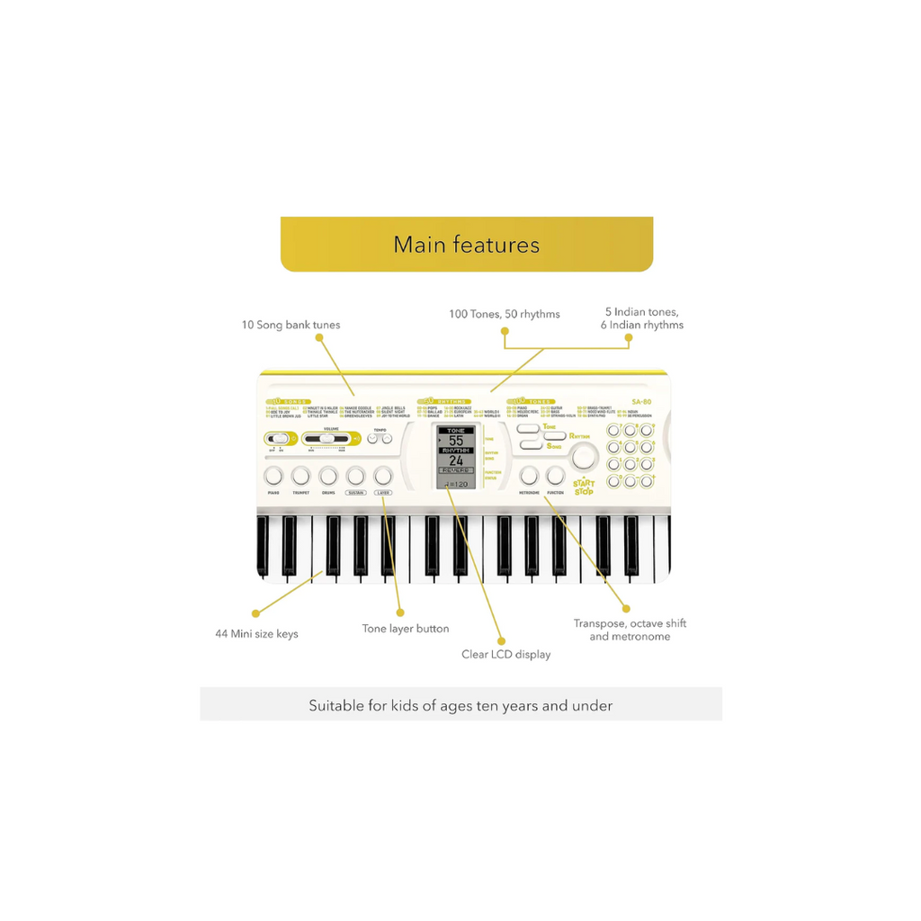 Casio Casiotone Mini Keyboard SA-80 with Piano tones, White (44 Keys) With Adapter