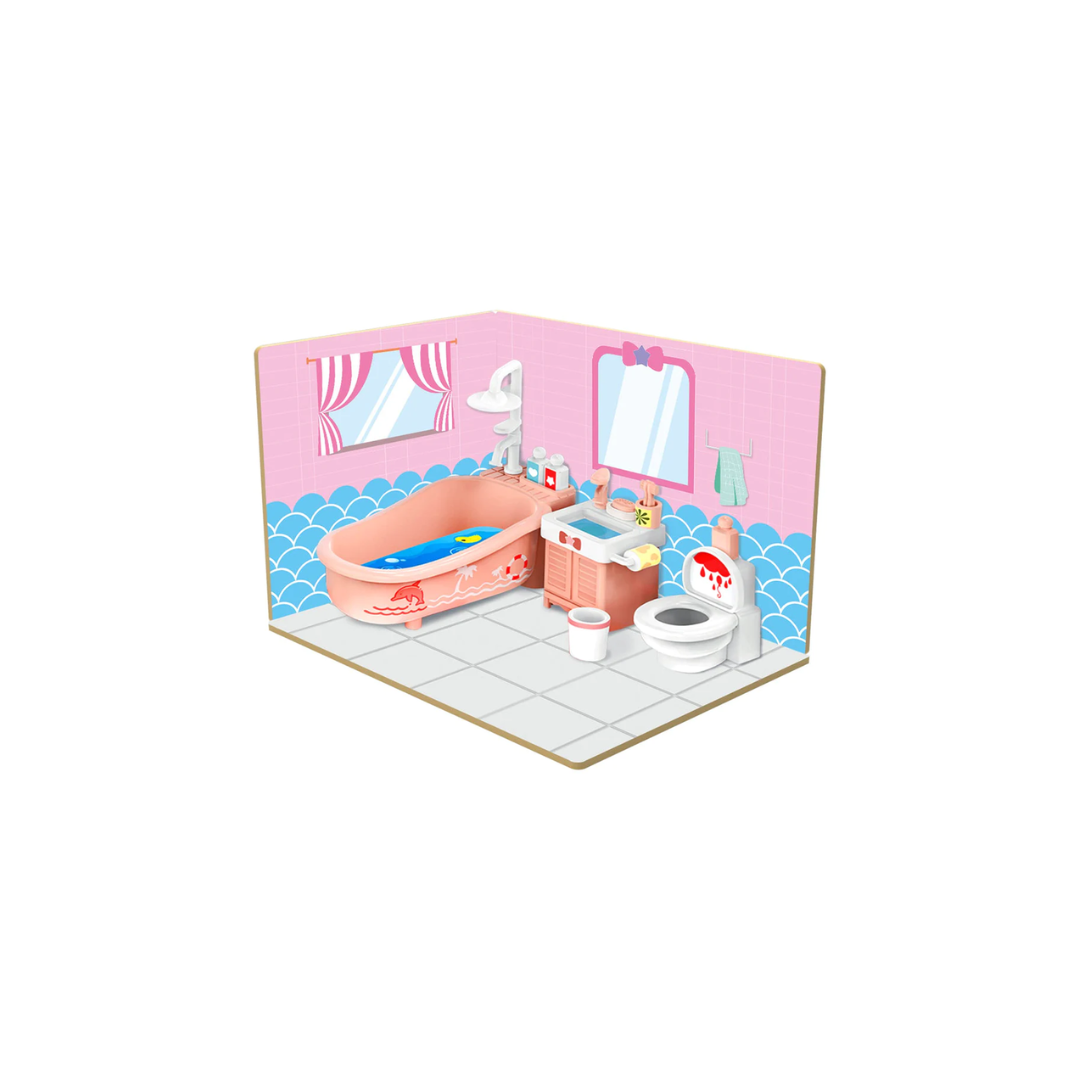 Webby DIY Bath Room Wooden Doll House with Plastic Furniture