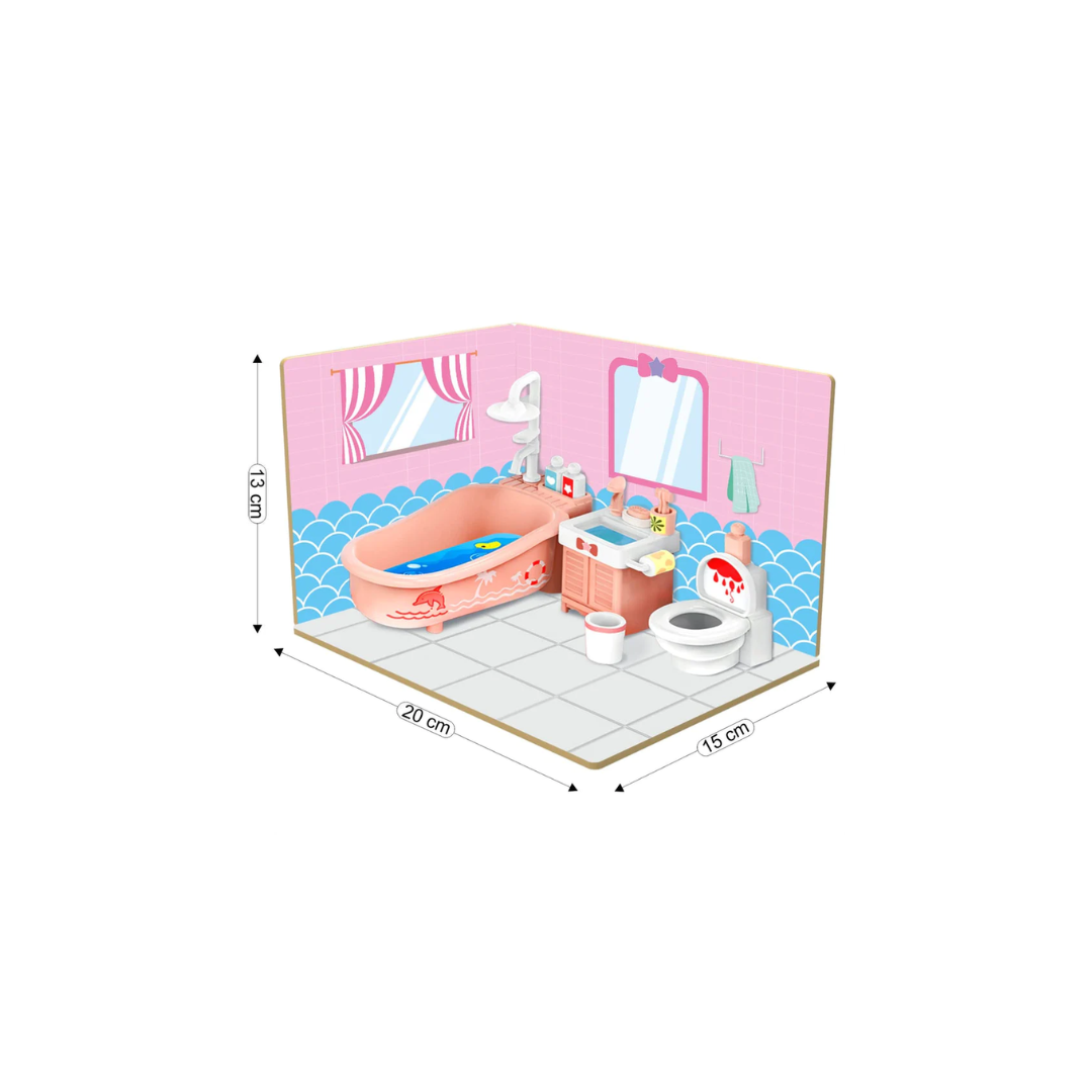 Webby DIY Bath Room Wooden Doll House with Plastic Furniture