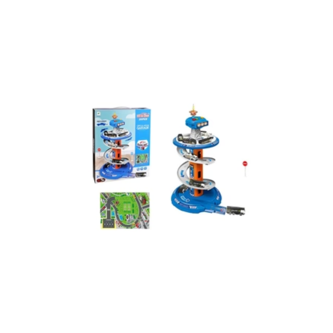 Rainbow Toys Police Circulation Garage Track Set with 3 Alloy Cars (1:64 Scale) - 26 Pieces