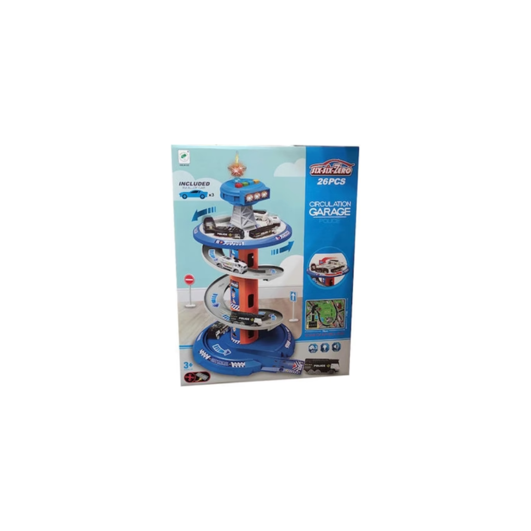 Rainbow Toys Police Circulation Garage Track Set with 3 Alloy Cars (1:64 Scale) - 26 Pieces